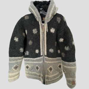 Kyber Grey Wool Fleece Lined Hooded Drawstring Knit Outdoor Cabin Coat. Sz-M